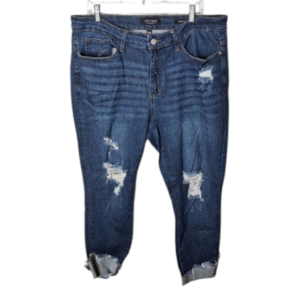 Judy Blue Women 20W Dark Wash Distressed Skinny Stretch Denim Ankle Jeans - Picture 1 of 5
